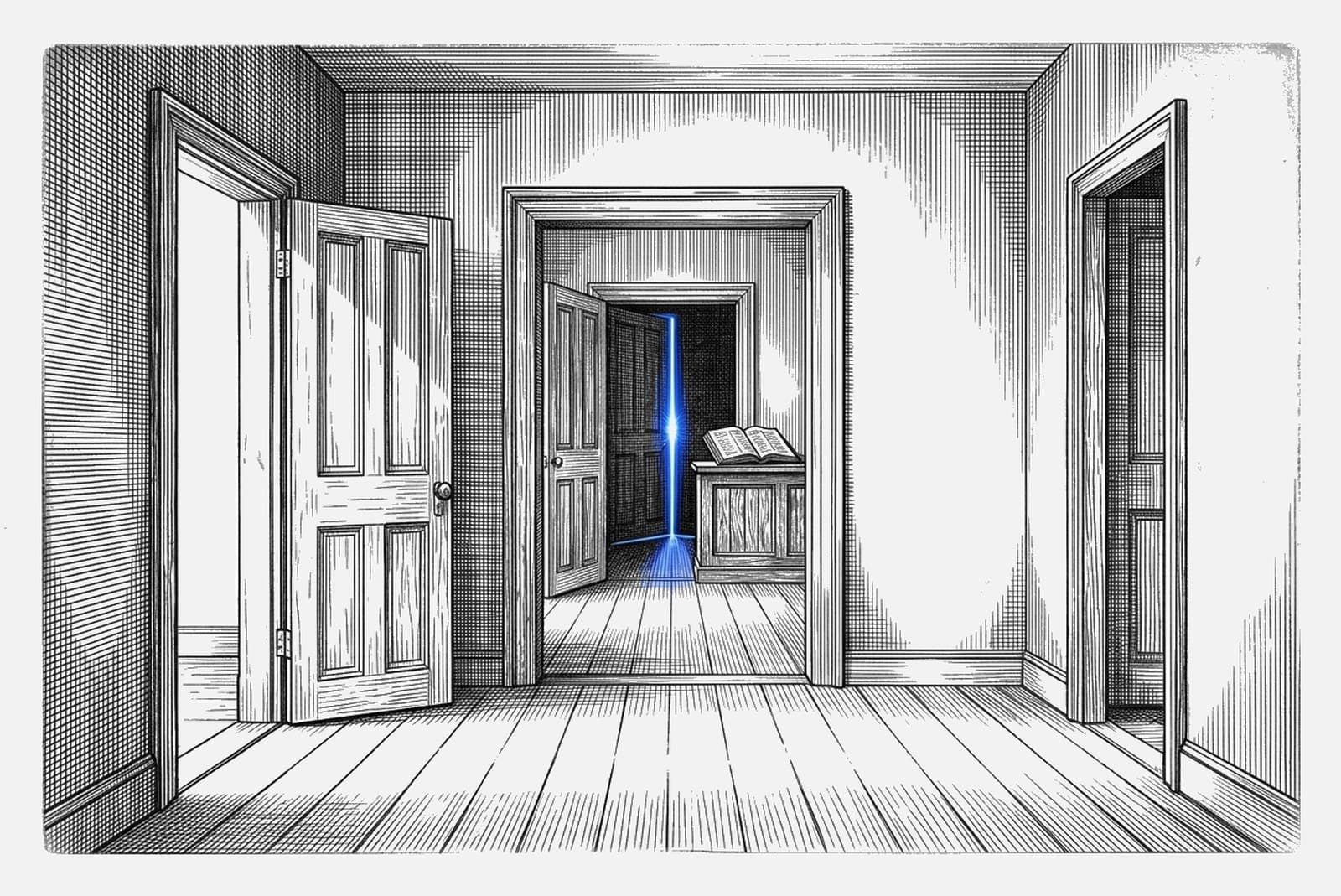 An engraving of rooms opening one into the next. The nearest doorways stand wide open, the last one is open only a hand-width, and a thin blue blade of light falls through that gap onto a counter with an open appointment book.