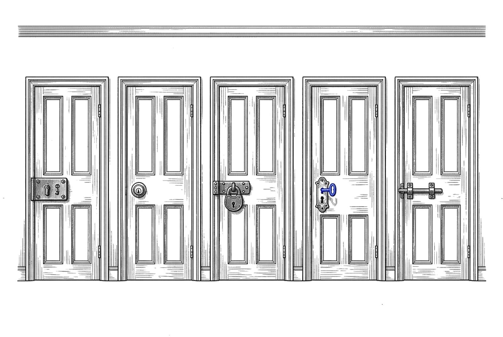 An engraving of a row of plain doors, each fitted with a different lock: an iron rim lock, a brass cylinder, a padlock on a hasp, a keyhole plate, a sliding bolt. In one door only, a blue key is turned in the lock.