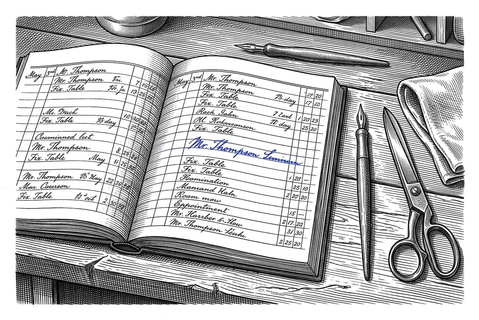 An engraving of an open appointment book on a wooden counter, with a pen and scissors beside it. Every line is written in the same hand; one line in the middle of the page is the same handwriting in blue.
