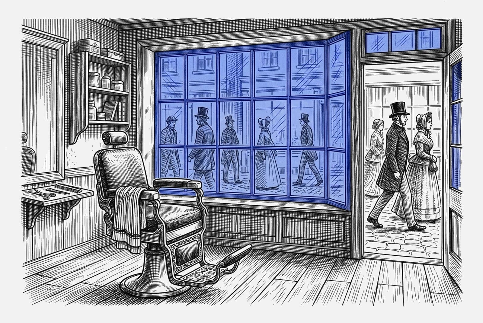 An engraving of a barber shop seen from inside: one chair stands empty and ready with a folded cloth over its arm, while through the blue-tinted window a street of people walks past without looking in.