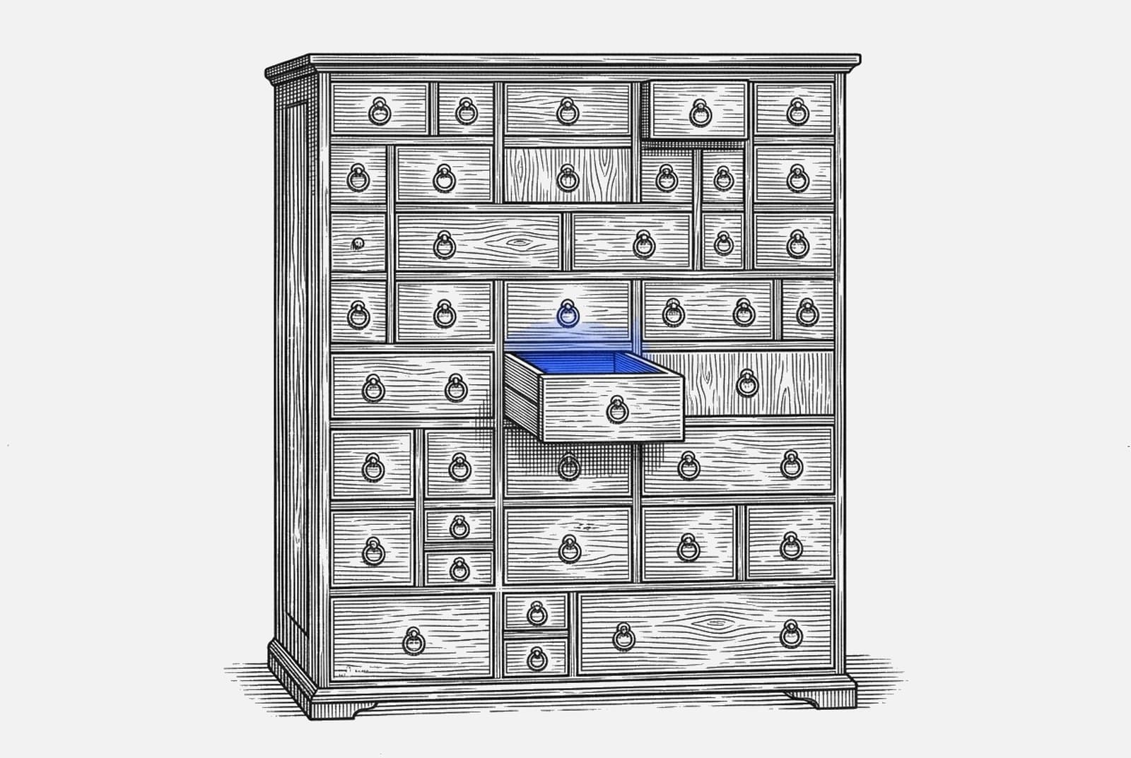 An engraving of an apothecary cabinet with dozens of drawers, all of different sizes, every one closed except a single drawer in the middle pulled open with a blue light inside it.
