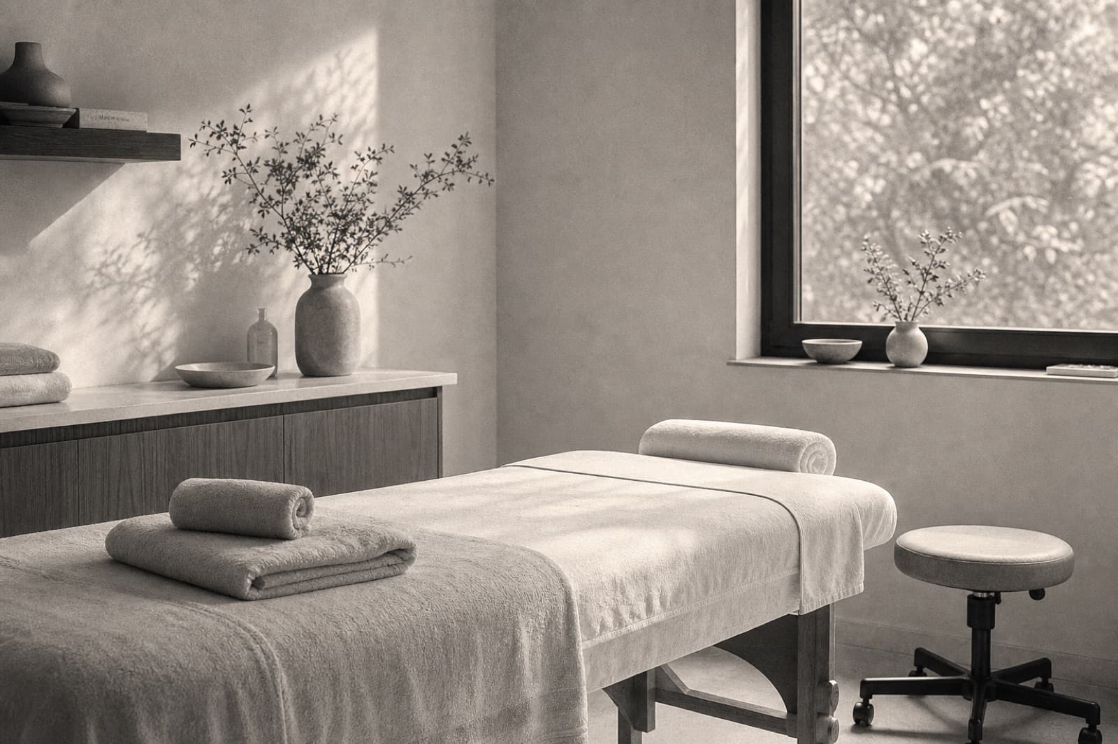 Calm treatment room with a massage table and folded towels